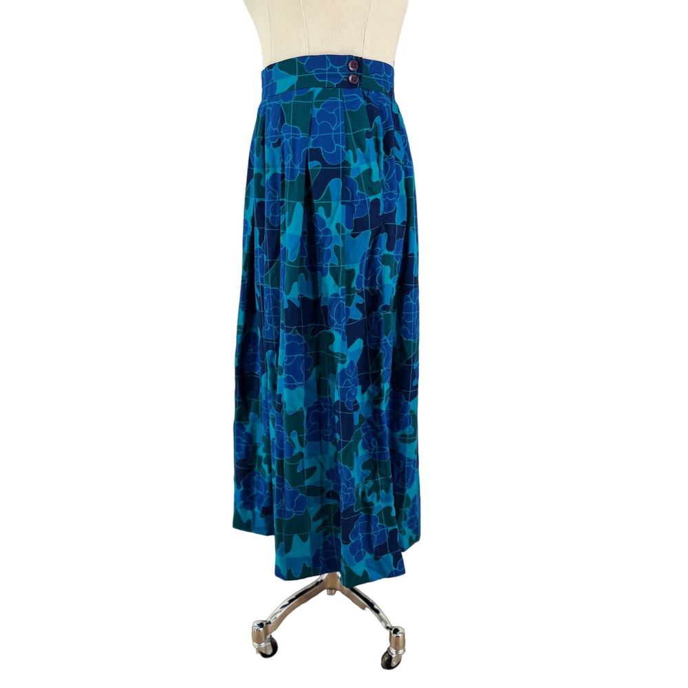 Vintage Printed Camo Floral Midi Skirt Pleated Blue Green Teal